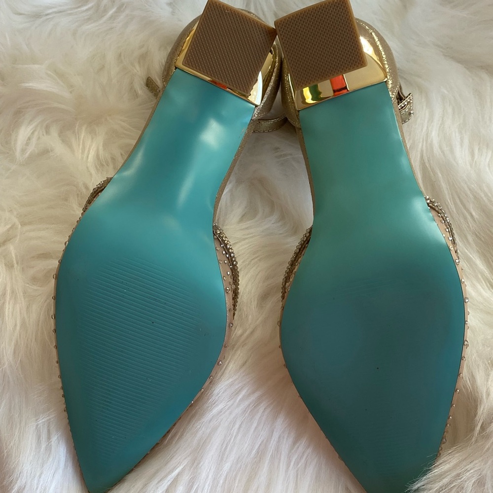 Blue by Betsey Johnson Gold Rhinestone Pointed Toe Pumps - Picture 6 of 12